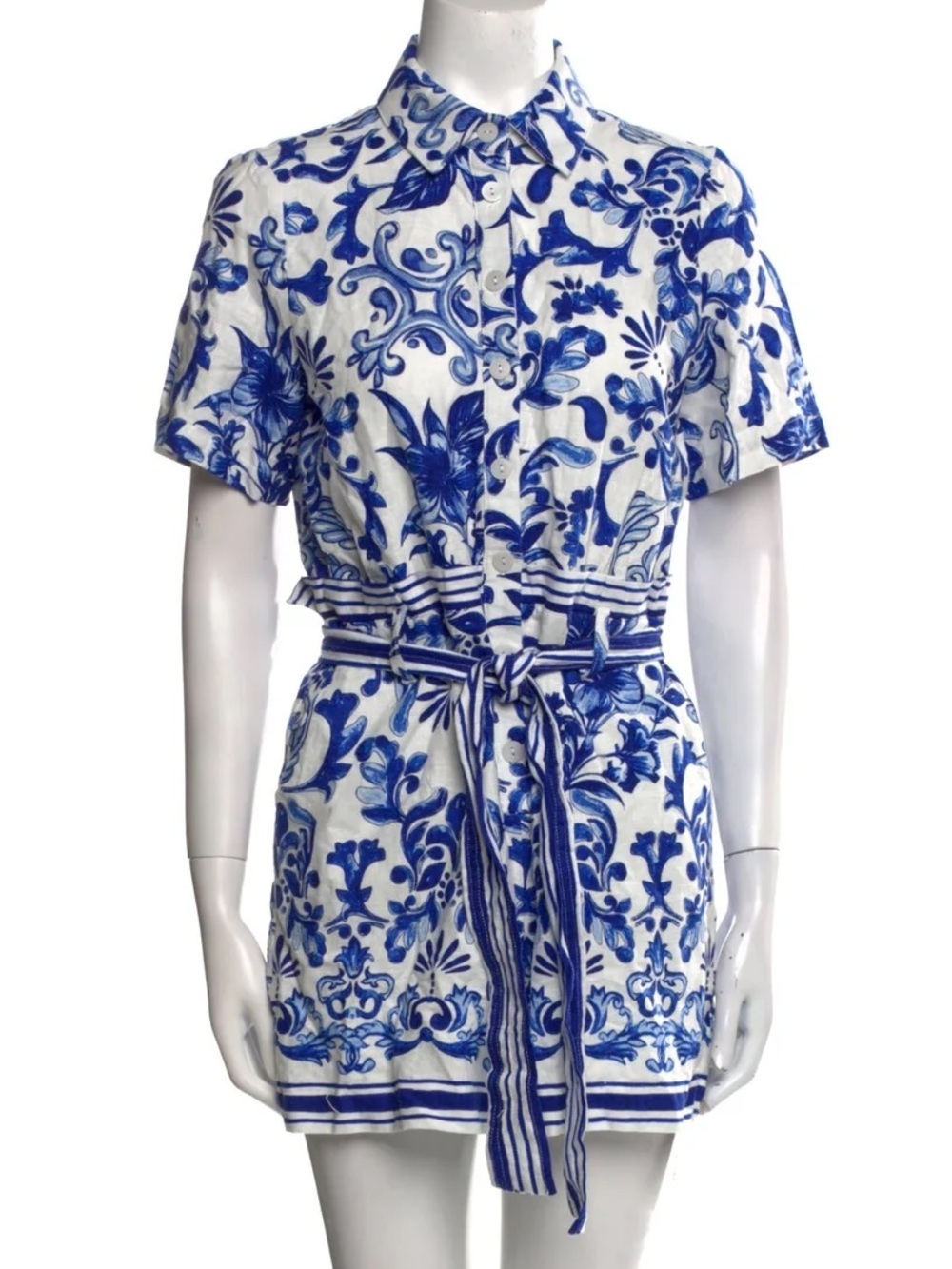 Caroline Constas Linen Printed Romper Blue White Size 10 New NWT